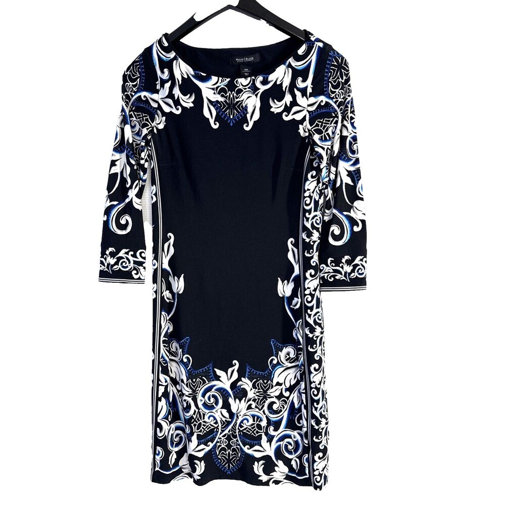WHBM Women's Dress Black Floral Career Mini Sheath Long Sleeve Boat Neck - XXS